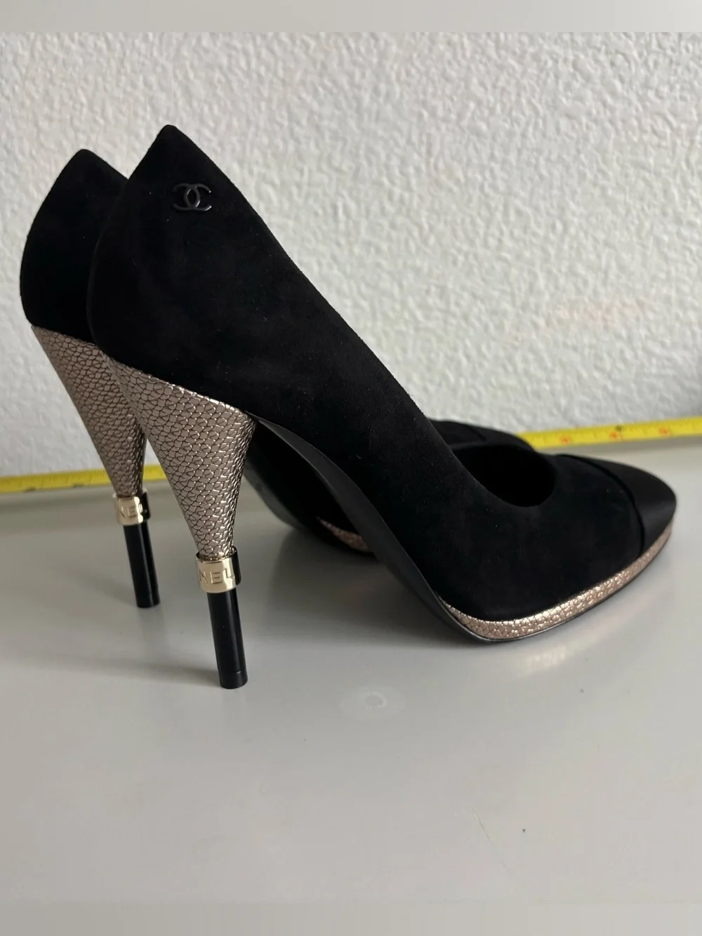 Authentic Chanel 4.5in Black Suede Heels with Rose Gold Patterned